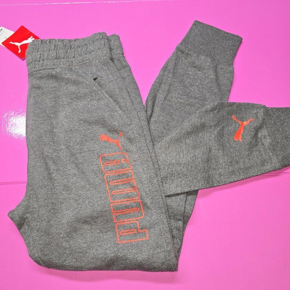 NWT PUMA Youth Kids Sweatpants / Jogger Pants Orange Logo Charcoal Grey Size L